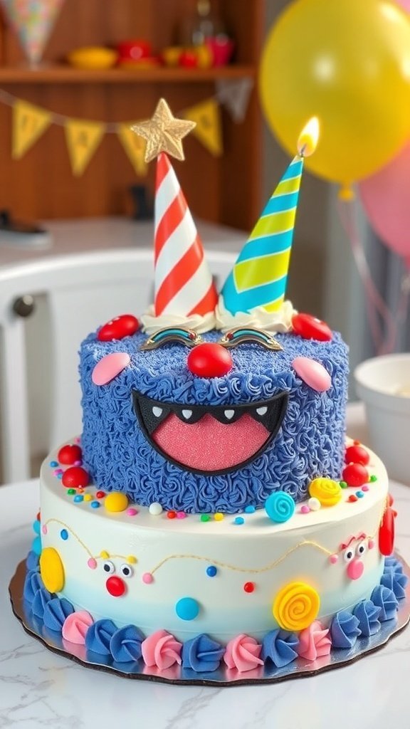 A colorful birthday cake with a playful character design, featuring blue frosting, party hats, and various candies.