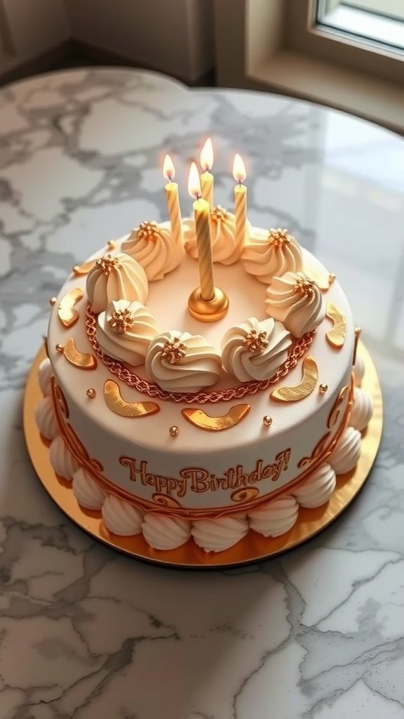 A beautifully decorated birthday cake with gold leaf accents, topped with lit candles.
