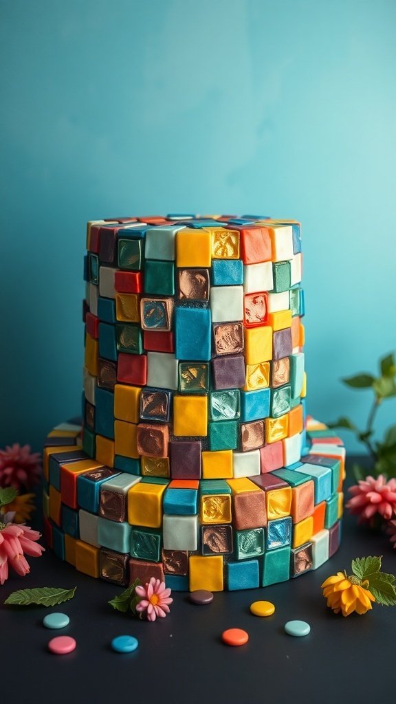 A colorful mosaic tile cake with vibrant squares on a blue background, surrounded by flowers and candies.