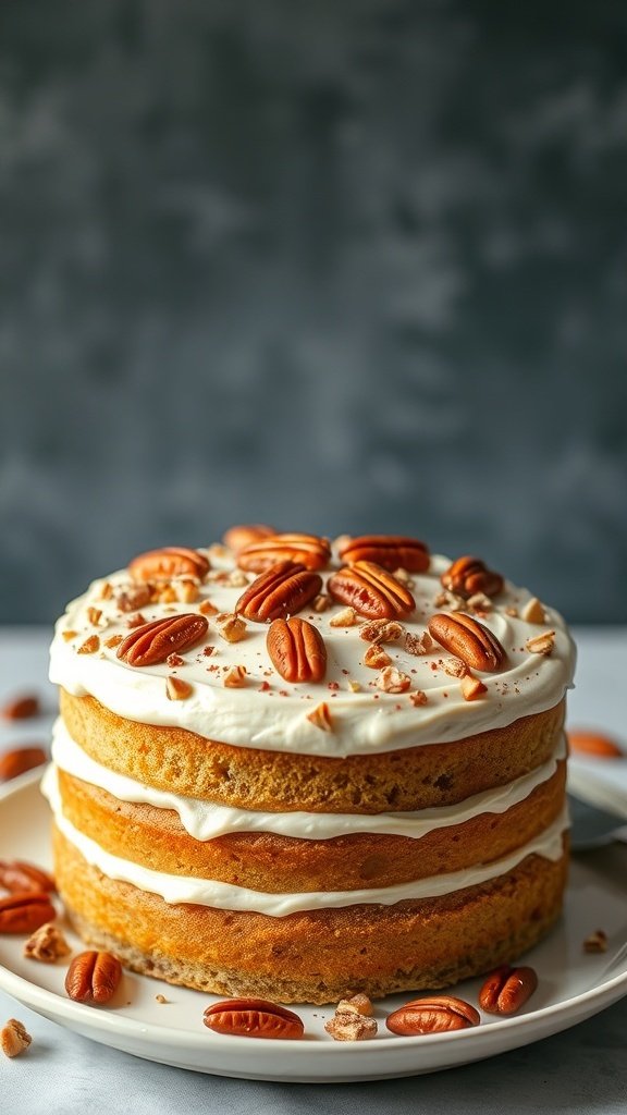A beautiful Butter Pecan Cake with three layers, topped with cream cheese frosting and garnished with pecans.