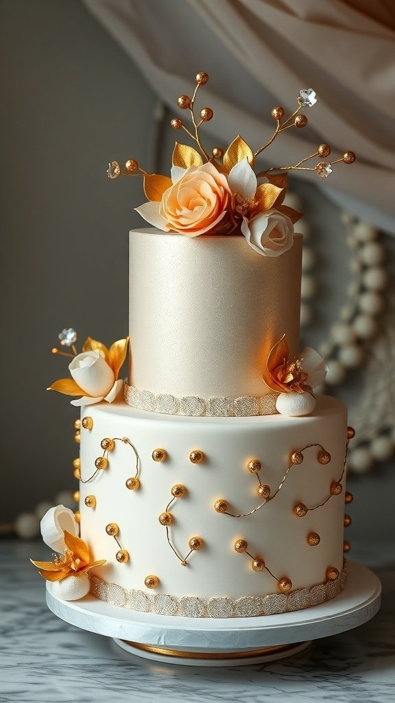 A beautifully designed two-tier cake with metallic accents, featuring flowers and golden beads.