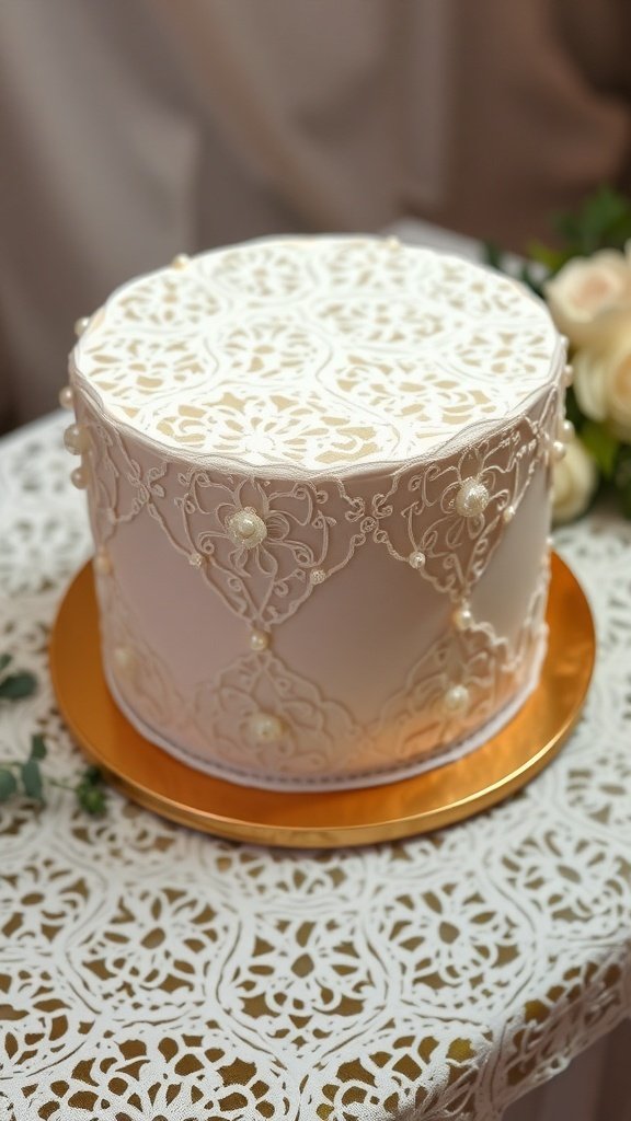 A vintage-style cake decorated with intricate lace patterns and pearls, placed on a golden cake board.