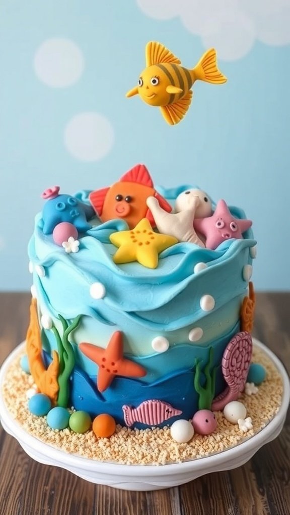 A colorful Under the Sea Cake decorated with fondant sea creatures and blue frosting.