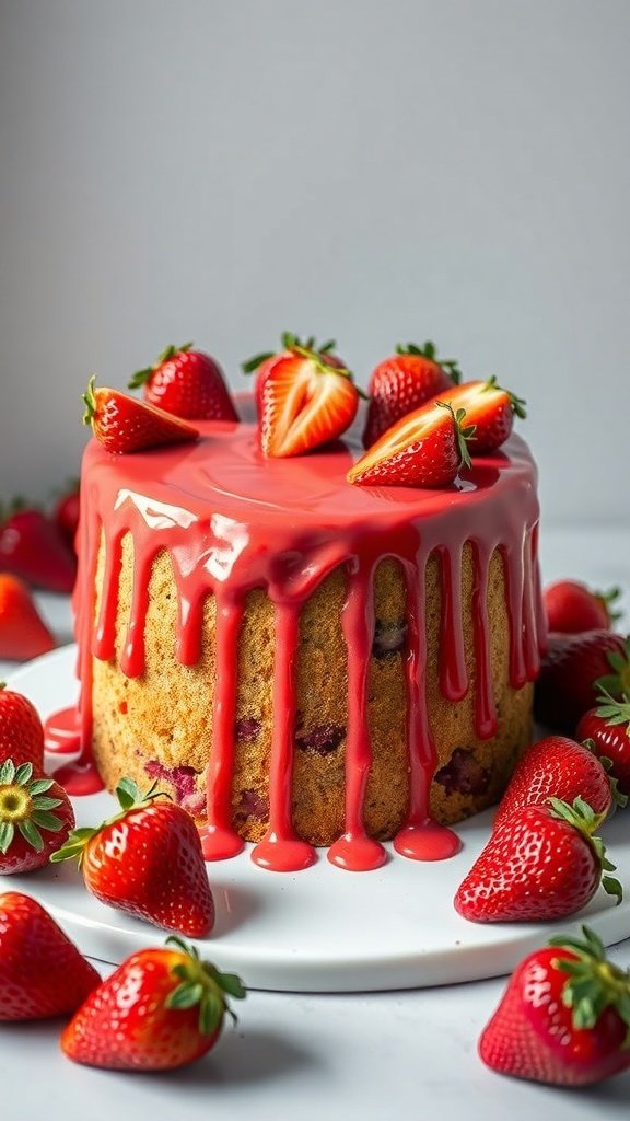 A beautiful strawberry drip cake topped with fresh strawberries and a glossy red glaze.