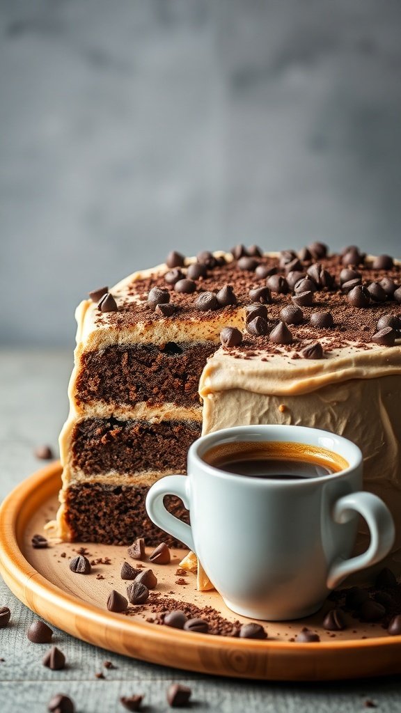 A delicious coffee mocha cake with chocolate chips and a cup of coffee