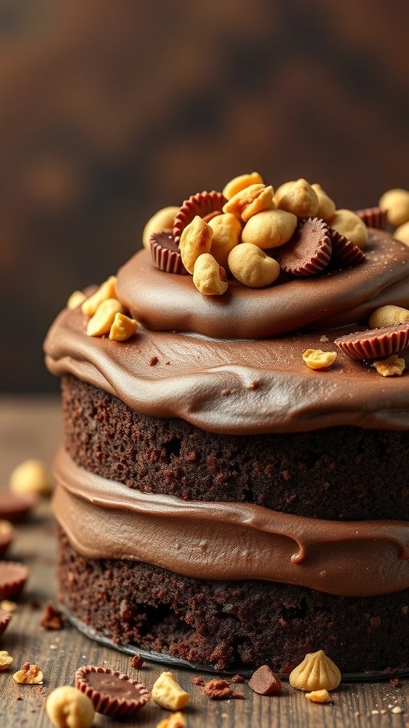 Chocolate Peanut Butter Cup Cake topped with peanut butter cups and peanuts