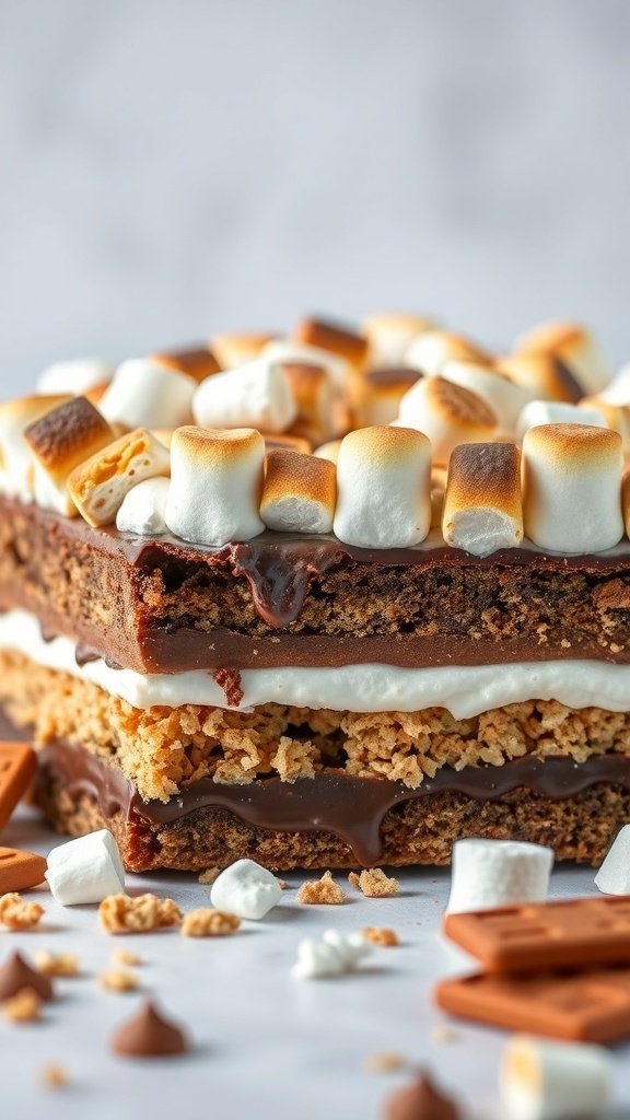 A delicious S'mores cake with toasted marshmallows on top, layered with chocolate and graham crackers.