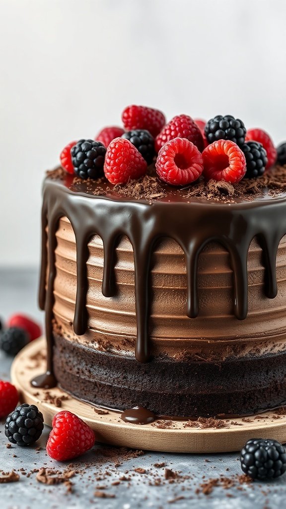 A beautifully decorated chocolate drip cake topped with fresh raspberries and blackberries.