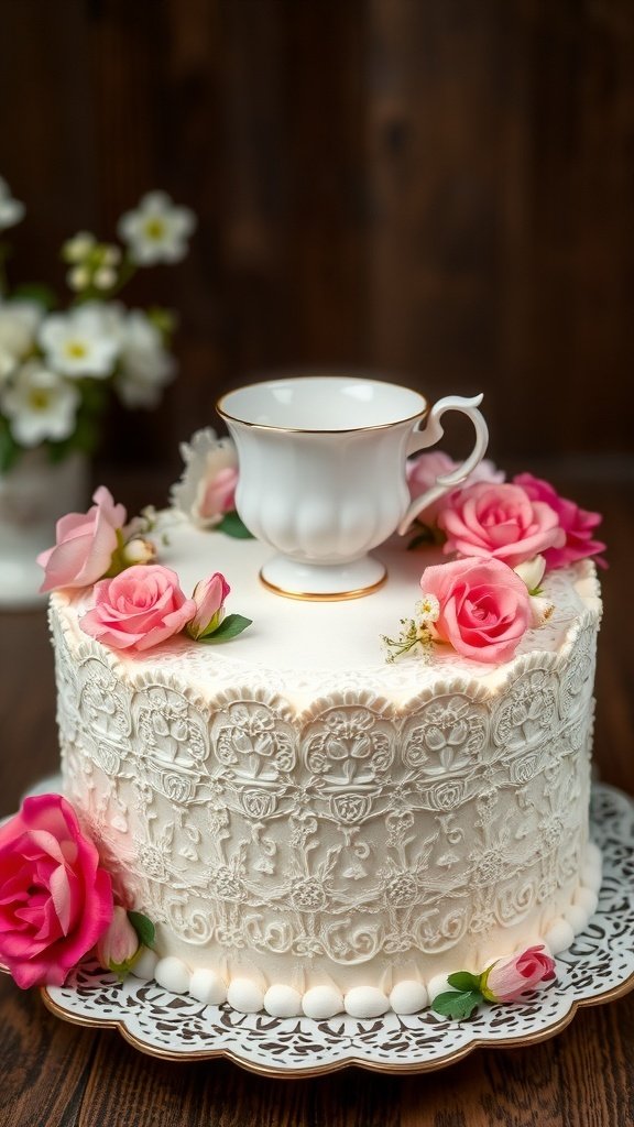 A vintage-style cake with pink roses and a teacup on top, set on a decorative plate.