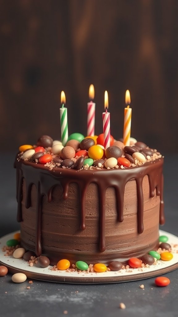A birthday cake with chocolate ganache dripping down the sides, topped with colorful candies and four lit candles.