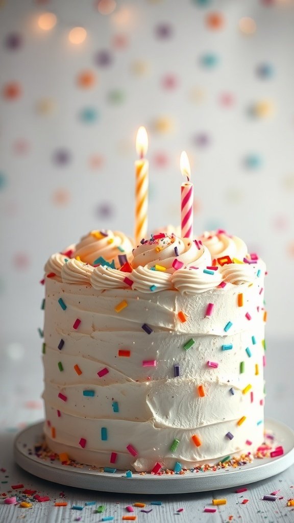 A birthday cake with colorful sprinkles and two candles, set against a soft, colorful background.