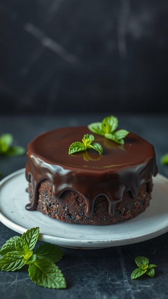 A chocolate mint cake with glossy ganache and fresh mint leaves on top.