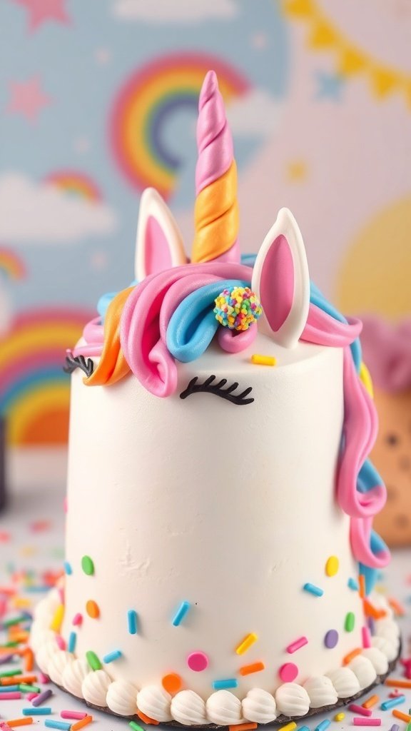 A whimsical unicorn cake with colorful frosting, a spiral horn, and sprinkles.