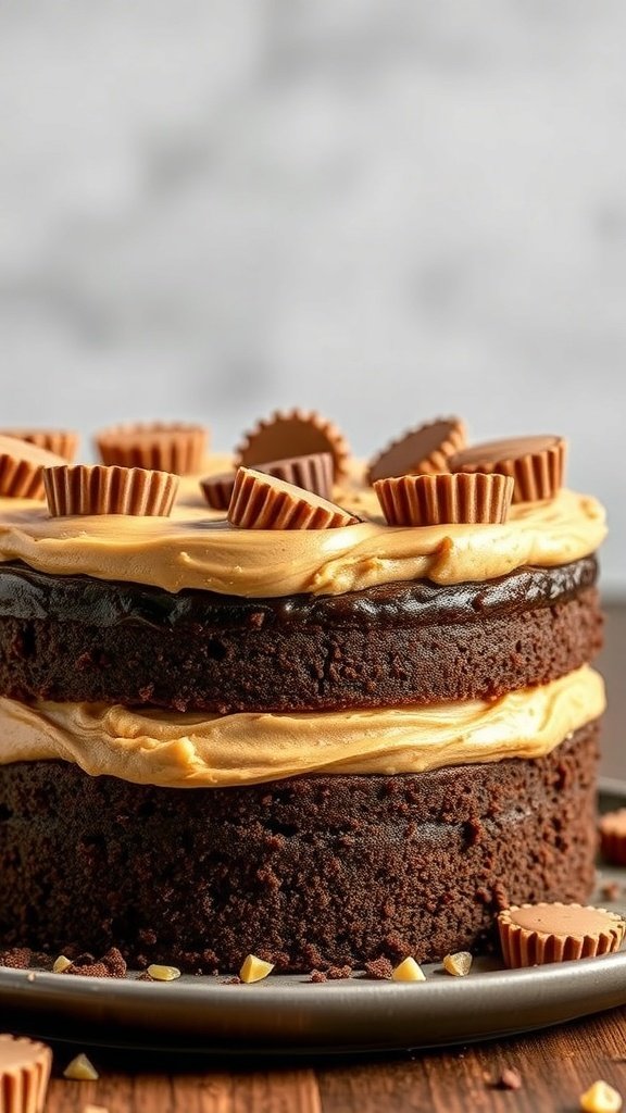 A delicious Chocolate Peanut Butter Cup Cake topped with mini peanut butter cups.