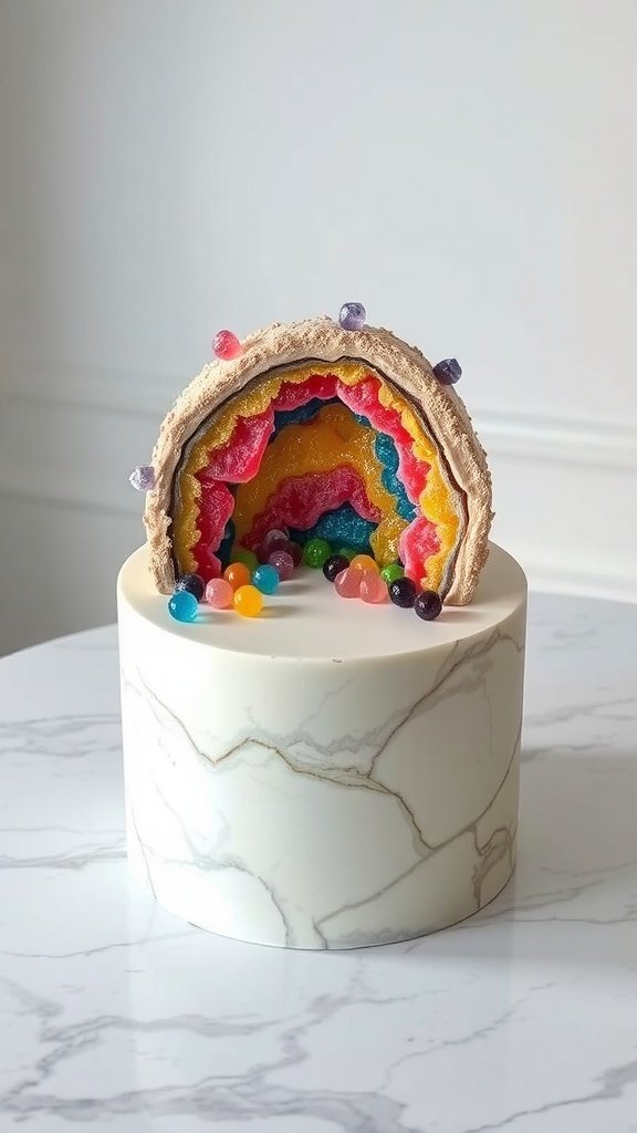 A geode-inspired cake with colorful layers and candy gemstones on top.
