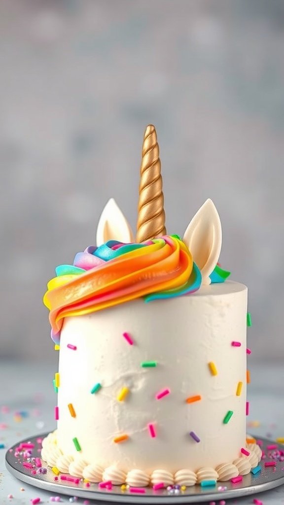 A whimsical unicorn cake with a golden horn, colorful frosting, and sprinkles.