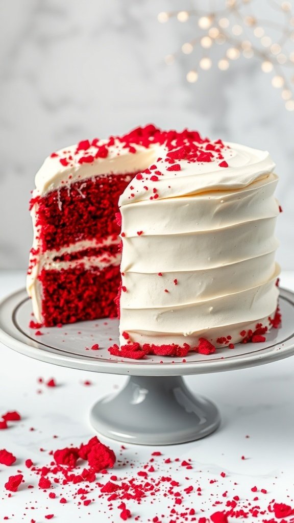 A beautifully decorated red velvet cake with cream cheese frosting, showcasing a slice taken out.