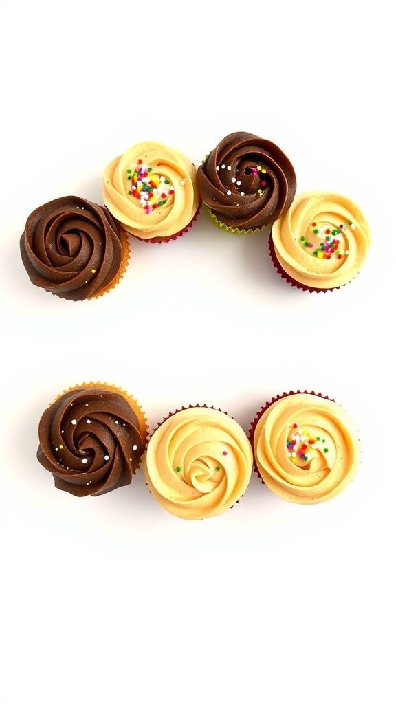 An assortment of chocolate and peanut butter cupcakes with colorful sprinkles.