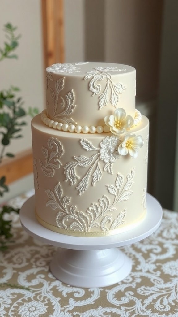 A vintage-style cake with lace and pearl details, featuring intricate designs and delicate flowers.