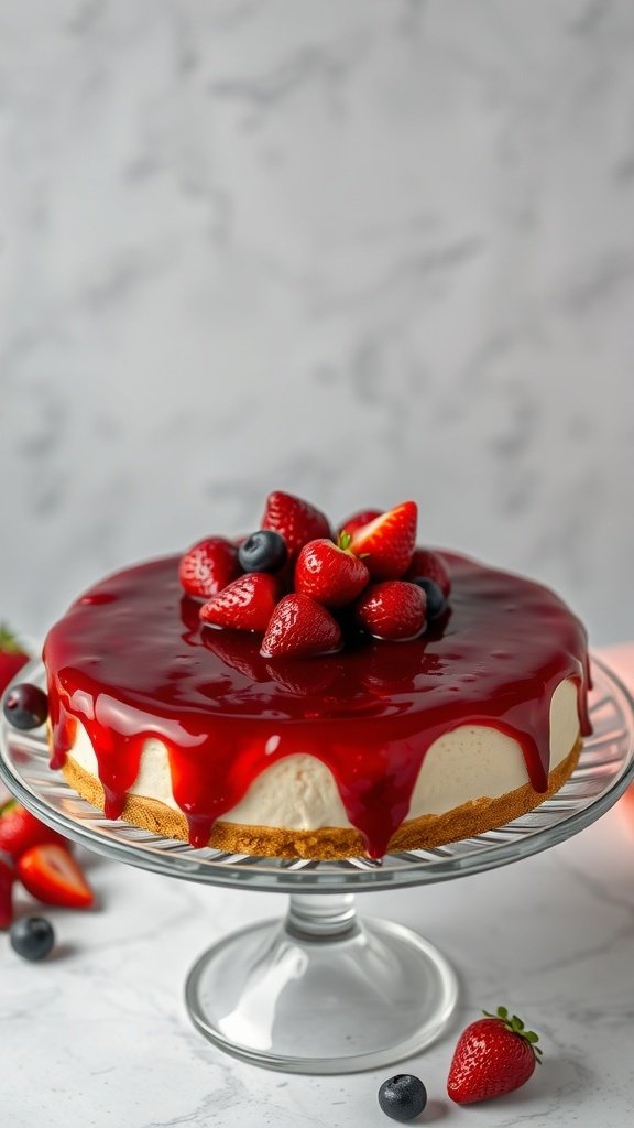 A chic strawberry cheesecake topped with a glossy berry compote and fresh strawberries on a glass cake stand.