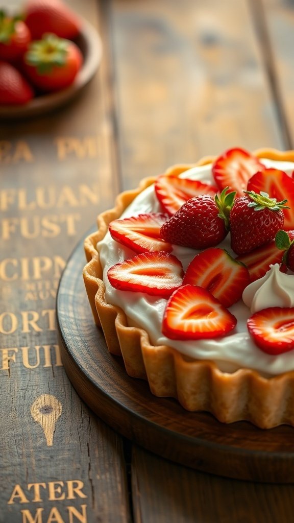 A beautifully arranged artisan strawberry and cream tart on a wooden table, garnished with fresh strawberries.
