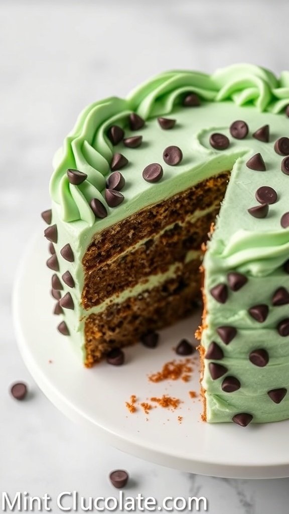 A Mint Chocolate Chip Cake with layers and chocolate chips on top.