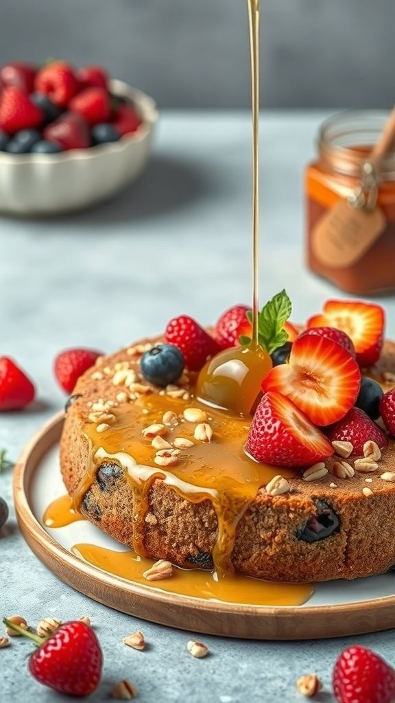 A delicious fruit and nut cake topped with strawberries, blueberries, and syrup, served on a wooden plate.