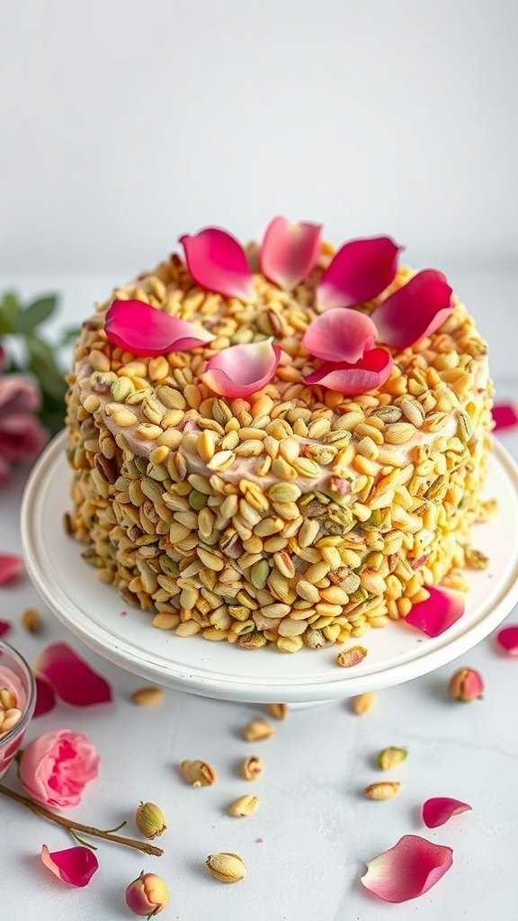 A beautifully decorated pistachio cake with rose water, topped with rose petals and surrounded by scattered rose petals.