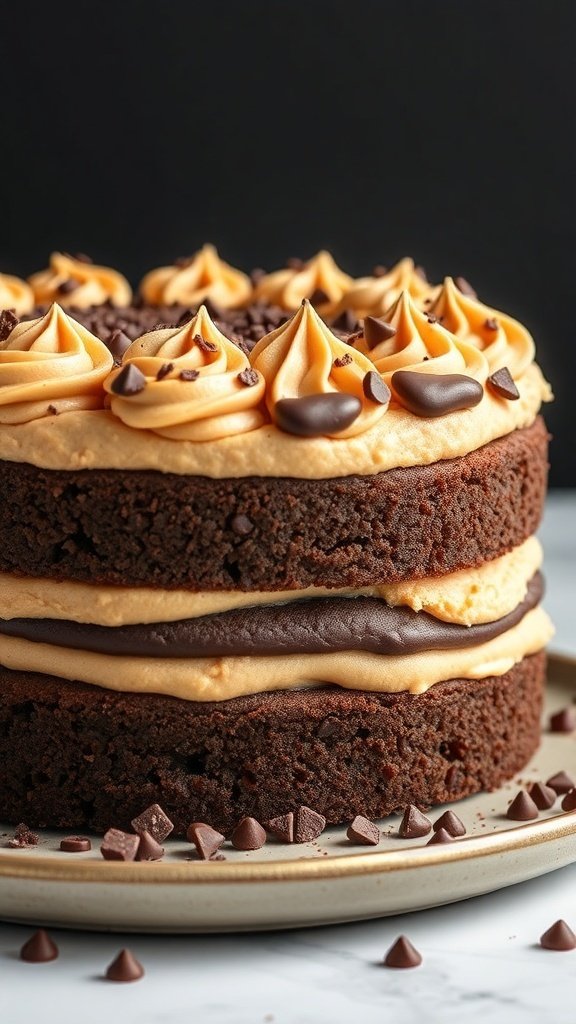 A delicious chocolate peanut butter cake with layers of frosting and chocolate chips on top.