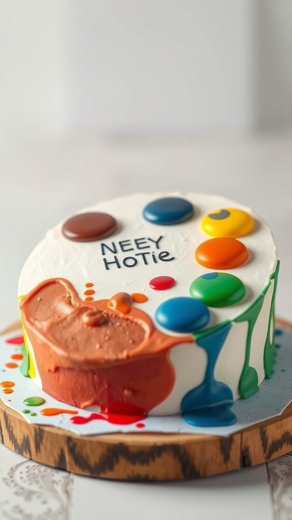 A colorful cake designed like an artist's palette with candy dots and a drip effect.