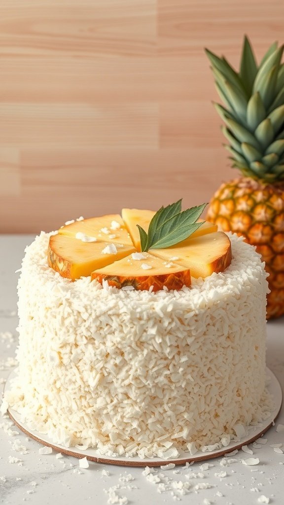 A Tropical Coconut Cake topped with pineapple slices and surrounded by shredded coconut.