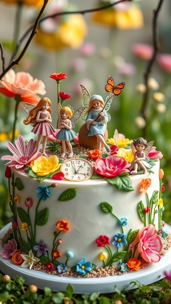 A beautifully decorated Fairy Garden Cake with edible flowers and fairy figurines.