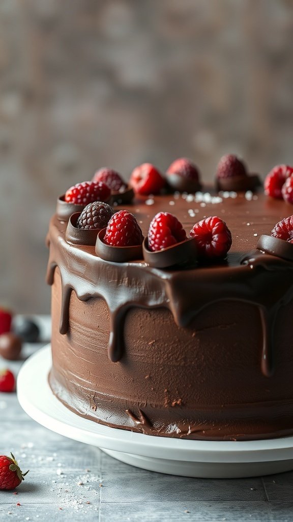 A beautifully decorated chocolate fondant cake topped with raspberries and chocolate curls.
