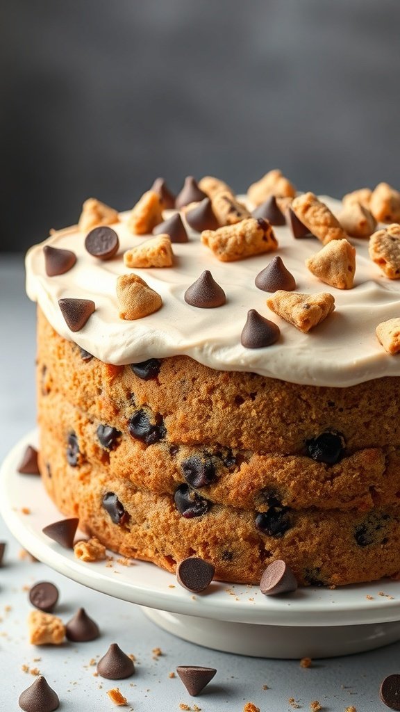 A delicious Chocolate Chip Cookie Dough Cake topped with cookie dough pieces and chocolate chips.