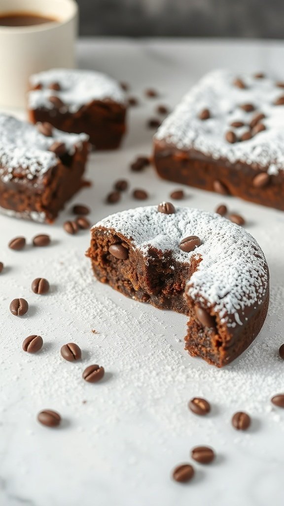 Mocha coffee cake with powdered sugar and coffee beans on top, alongside a cup of coffee.