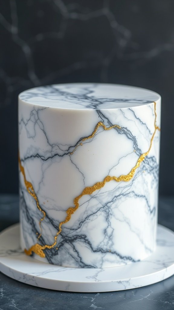 A cake with a marble effect featuring white and gray swirls and a golden vein