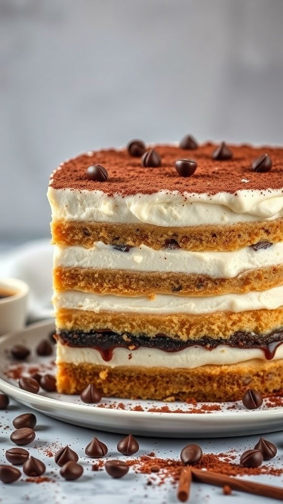 A layered tiramisu birthday cake with cocoa powder and chocolate chips on top.