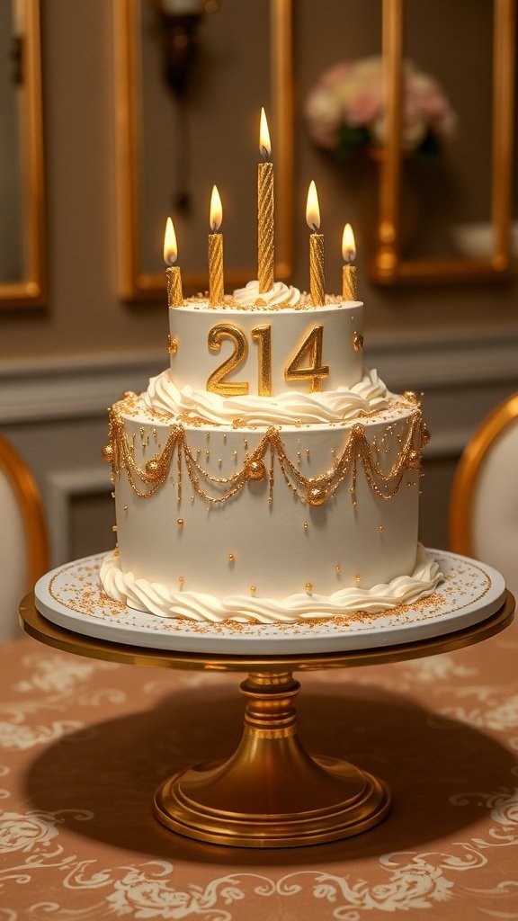 A beautifully decorated birthday cake with gold accents, candles, and the number 214 on top.