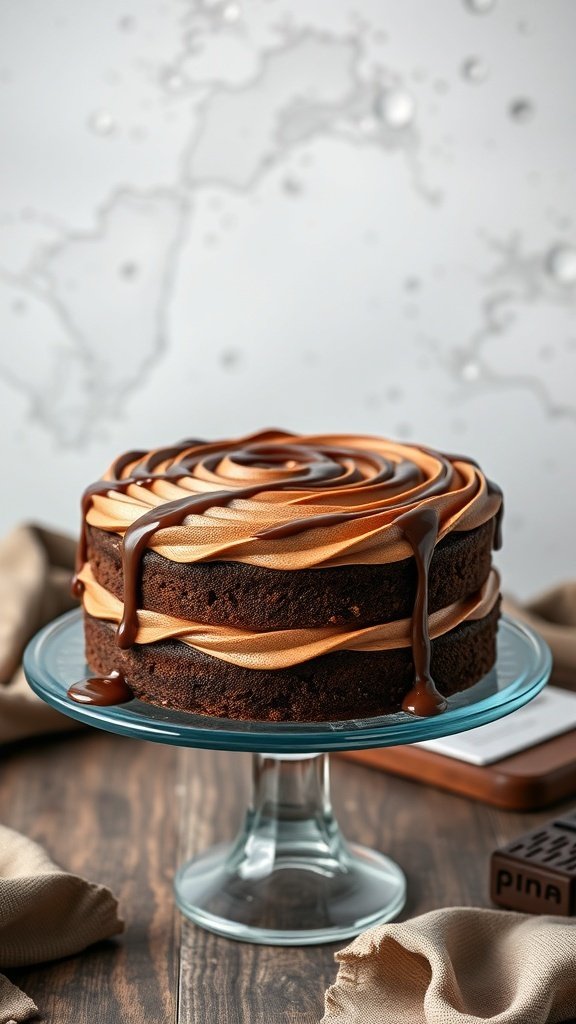 A layered Nutella swirl cake with chocolate drizzle on a glass cake stand.