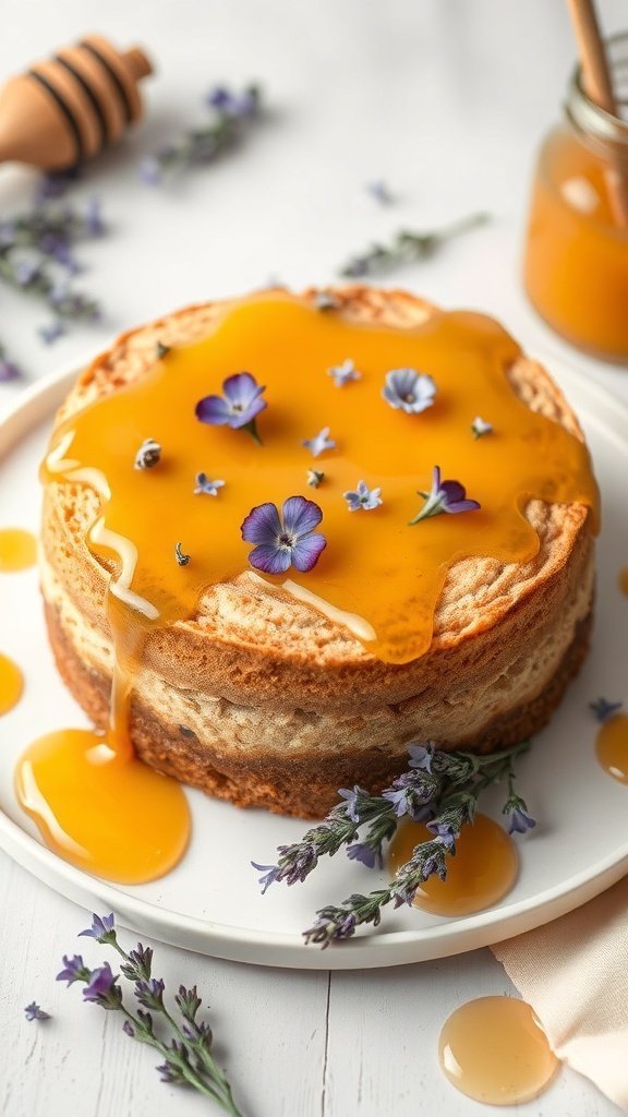 A beautifully decorated Lavender Honey Cake with a honey glaze and edible flowers on top.