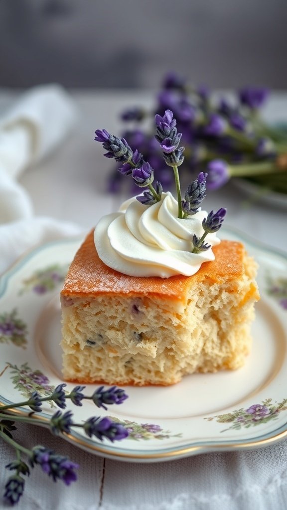 A slice of Lavender Honey Cake topped with whipped cream and fresh lavender on a floral plate.