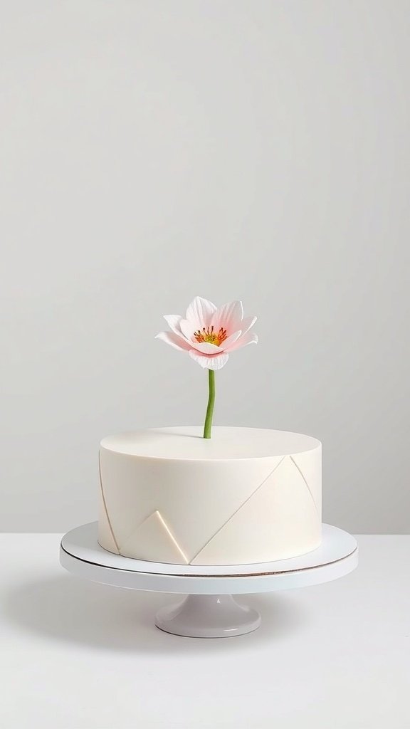 A minimalist white cake with a geometric design and a single flower on top.