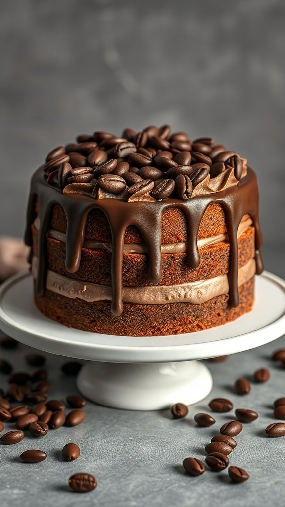 A delicious Coffee Mocha Cake topped with chocolate ganache and coffee beans.