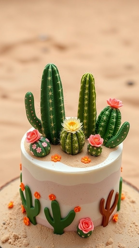 A cactus garden themed birthday cake with green cacti and colorful flowers on top.