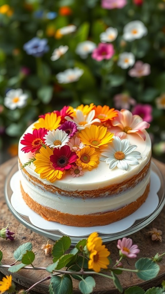 A vanilla almond cake topped with colorful edible flowers, set against a backdrop of blooming flowers.