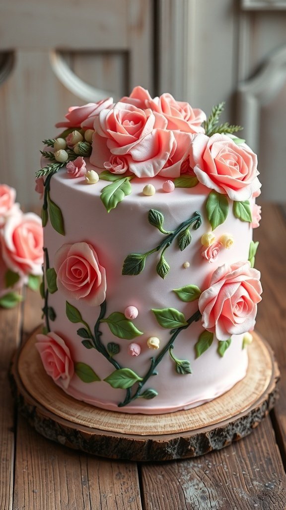 A beautifully decorated floral buttercream cake with pink roses and green leaves on a wooden cake stand.