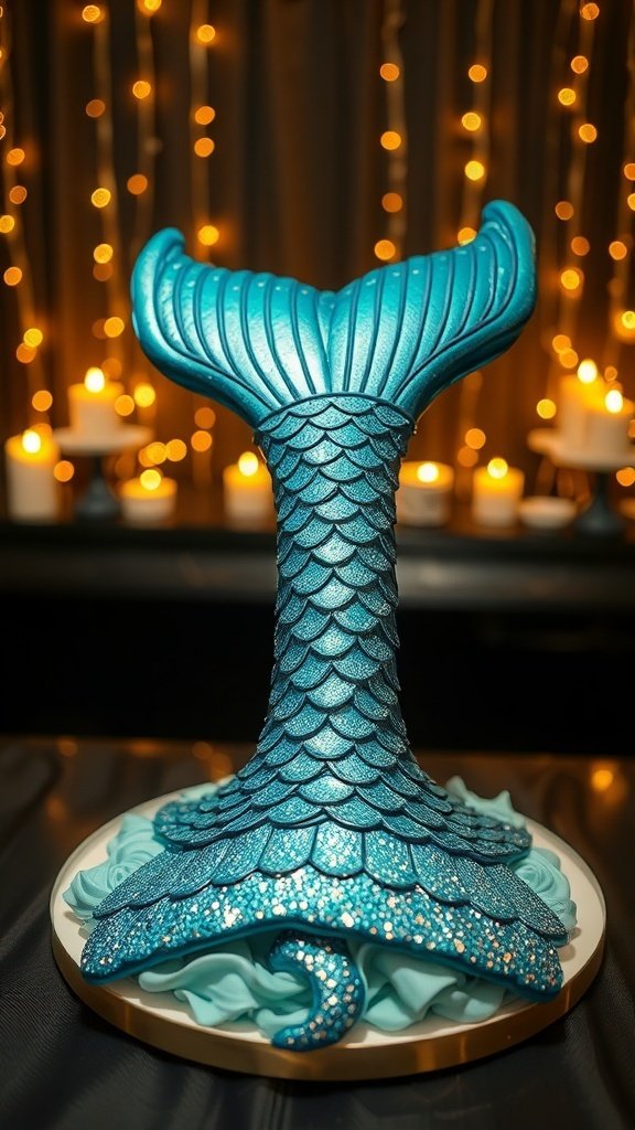A beautifully crafted mermaid tail cake with a shimmering blue finish and decorative frosting roses.