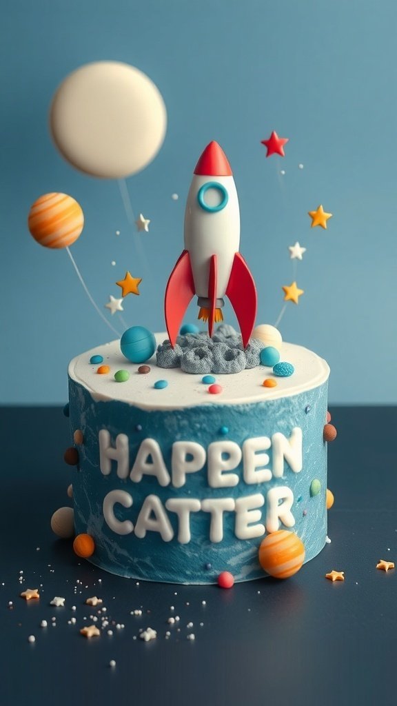 A colorful Space Explorer Cake featuring a rocket ship, planets, and stars on a blue background.