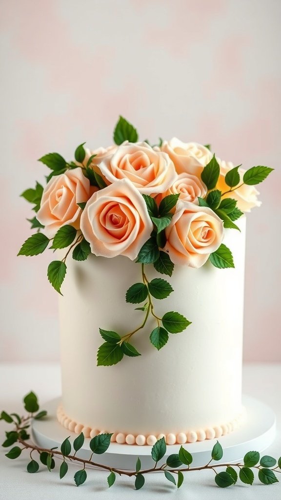 A vintage floral cake decorated with peach buttercream roses and green leaves on a white background.