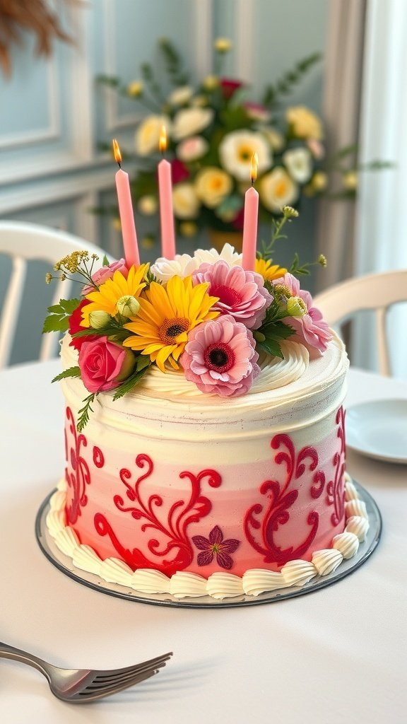 A beautifully decorated birthday cake with floral accents and candles on top.